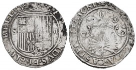 Fernando e Isabel (1474-1504). 2 reales. Sevilla. (Cal-516). (Lf-G6.4.23). Anv.: ...ELISABET· D. Rev.: ...LEGIONIS. Ag. 6,83 g. Escudo S - II. Estrell...