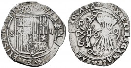Fernando e Isabel (1474-1504). 2 reales. Sevilla. (Cal-516). (Lf-G6.4.27). Anv.: ...ELISABET· D. Rev.: ...(LE)GIO: ARA. Ag. 6,97 g. Escudo entre S - I...