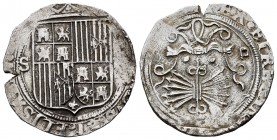 Fernando e Isabel (1474-1504). 2 reales. Sevilla. (Cal-523). (Lf-no cita). Ag. 6,95 g. Escudo S - II. Ensayador d cuadrada a derecha del yugo y flecha...