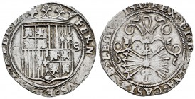 Fernando e Isabel (1474-1504). 2 reales. Sevilla. (Cal-523). (Lf-G6.5.4). Anv.: ...ELISABET· D. Rev.: ...LEGIO(NI)SA. Ag. 6,82 g. Escudo entre S - II....