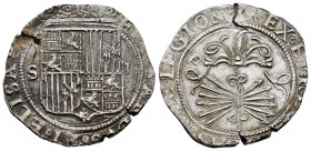 Fernando e Isabel (1474-1504). 2 reales. Sevilla. (Cal-523). (Lf-G6.5.10 var). Anv.: ...ELISAB(ET)·. Rev.: ...LEGION. Ag. 6,87 g. Escudo S - II. Ensay...