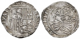 Fernando e Isabel (1474-1504). 2 reales. Sevilla. (Cal-523). (Lf-G6.5.16 var). Anv.: ...(EL)ISABET. Ag. 6,81 g. Escudo entre S - II. Ensayador d cuadr...
