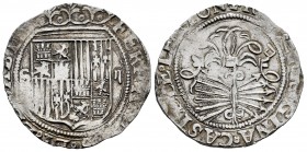 Fernando e Isabel (1474-1504). 2 reales. Sevilla. (Cal-523). (Lf-G6.5.17). Rev.: ...LEGION. Ag. 6,91 g. Escudo entre S - II. Ensayador d cuadrada a de...