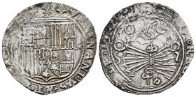 Fernando e Isabel (1474-1504). 2 reales. Sevilla. (Cal-524). (Lf-no cita). Ag. 6,86 g. Escudo II - S. ¿sin marcas a los lados? Ensayador d cuadrada ba...