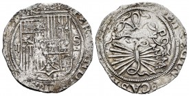 Fernando e Isabel (1474-1504). 2 reales. Sevilla. (Cal-524 var). (Lf-G6.5.12). Ag. 6,84 g. Escudo entre II - S. Ensayador d cuadrada a derecha del yug...