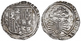 Fernando e Isabel (1474-1504). 2 reales. Sevilla. (Cal-525). (Lf-G6.5.12). Ag. 6,82 g. Escudo entre S y II. Ensayador d cuadrada a la derecha del yugo...