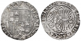 Fernando e Isabel (1474-1504). 2 reales. Toledo. (Cal-528 var). (Lf-G7.1.3). Anv.: FERNAND(VS : ET EL)ISABE ...... Rev.: (+) REX : ET : REGINA : CA(ST...