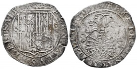 Fernando e Isabel (1474-1504). 4 reales. Sevilla. (Cal-no cita). (Lf-no cita). Anv.: ...ELISABE. Ag. 13,68 g. Escudo entre S - IIII. Doble ensayador d...