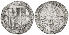 Fernando e Isabel (1474-1504). 4 reales. Sevilla. (Cal-565). (Lf-H5.6.3). Rev.: ...LEGIONIS. Ag. 13,60 g. Escudo entre IIII- S. Ensayador d cuadrada b...