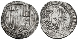 Fernando e Isabel (1474-1504). 4 reales. Sevilla. (Cal-564). (Lf-H5.6.10 var). Anv.: ...ELISABET· DEI· G. Rev.: ...(LEGION)IS· A. Ag. 13,76 g. Escudo ...