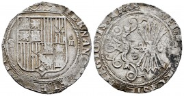 Fernando e Isabel (1474-1504). 4 reales. Sevilla. (Cal-564). (Lf-H5.6.10). Rev.: ...LEGIONIS· ARA . Ag. 13,71 g. Escudo entre S - IIII. Ensayador d cu...