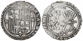 Fernando e Isabel (1474-1504). 4 reales. Sevilla. (Cal-564). (Lf-H5.6.11). Ag. 13,60 g. Escudo entre S - IIII. Ensayador d cuadrada entre yugo y flech...
