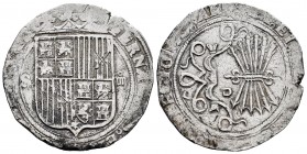 Fernando e Isabel (1474-1504). 4 reales. Sevilla. (Cal-564). (Lf-H5.6.11). Rev.: ...LEGIONIS: AR. Au. 13,61 g. Escudo entre S - IIII. Ensayador d cuad...