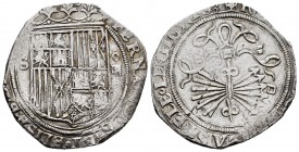 Fernando e Isabel (1474-1504). 4 reales. Sevilla. (Cal-564). (Lf-no cita). Rev.: ...LEGIONIS:. Ag. 13,64 g. Escudo entre S - IIII. Ensayador d cuadrad...