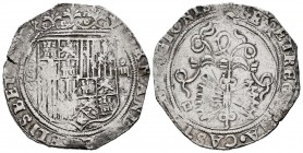 Fernando e Isabel (1474-1504). 4 reales. Sevilla. (Cal-564). (Lf-no cita). Anv.: ...ELISBET (Sin la A). Rev.: ...LEGIONIS. Ag. 131,56 g. Escudo entre ...