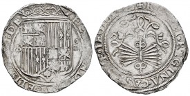 Fernando e Isabel (1474-1504). 4 reales. Sevilla. (Cal-564). (Lf-H5.6.38). Anv.: ...ELIS(ABE)T· DE. Rev.: ...LEGIO(...). Ag. 13,57 g. Escudo entre S -...