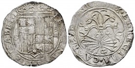 Fernando e Isabel (1474-1504). 4 reales. Sevilla. (Cal-564). (Lf-H5.6.47). Anv.: ...ELISABET· D. Ag. 13,72 g. Escudo entre S - IIII. Ensayador d cuadr...