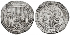 Fernando e Isabel (1474-1504). 4 reales. Sevilla. (Cal-564). (Lf-H5.6.51 var). Rev.: ...LEGIONIS·. Au. 13,65 g. Escudo entre S - IIII. Ensayador d cua...