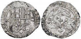 Fernando e Isabel (1474-1504). 4 reales. Sevilla. (Cal-564). (Lf-H5.6.54). Anv.: ...ELISABET· DEI. Rev.: ...TELE· LE(...):. Ag. 13,69 g. Escudo entre ...