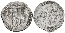 Fernando e Isabel (1474-1504). 4 reales. Sevilla. (Cal-564). (Lf-H5.6.62). Rev.: ...REGINA· CS(TELE).... Ag. 13,69 g. Escudo entre S - IIII. Leyenda "...