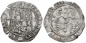 Fernando e Isabel (1474-1504). 4 reales. Sevilla. (Cal-565). (Lf-H5.6.64 var). Rev.: ...LEGIONIS. Ag. 13,44 g. Escudo entre IIII - S. Ensayador d cuad...