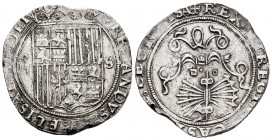 Fernando e Isabel (1474-1504). 4 reales. Sevilla. (Cal-565 var). (Lf-H5.6.64). Rev.: ...LEGIO(N)ISA. Ag. 13,66 g. Escudo entre IIII - S. Ensayador d c...