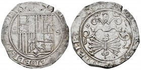 Fernando e Isabel (1474-1504). 4 reales. Sevilla. (Cal-565). (Lf-H5.6.66 var). Ag. 13,65 g. Escudo entre IIII - S. Ensayador d cuadrada a izquierda de...