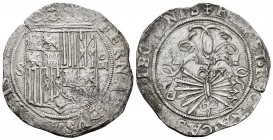 Fernando e Isabel (1474-1504). 4 reales. Sevilla. (Cal-564). (Lf-H5.6.73). Rev.: ...LEGIONIS. Ag. 13,74 g. Escudo entre S - IIII. Ensayador d cuadrada...