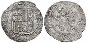 Fernando e Isabel (1474-1504). 4 reales. Sevilla. (Cal-564). (Lf-H5.6.73 var). Rev.: ...LEGIONIS. Ag. 13,67 g. Escudo entre S - IIII. Ensayador d cuad...