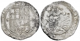 Fernando e Isabel (1474-1504). 8 reales. Sevilla. (Cal-577). (Lf-15.1.33). Ag. 27,40 g. Esayador d cuadrada en reverso. Rara. MBC+. Est...1000,00. 
...