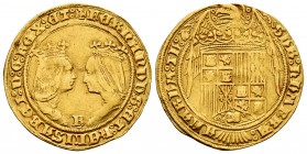 Fernando e Isabel (1474-1504). Doble excelente. Burgos. (Cabeza de águila). (Cal 2019-692). (Tauler-no cita esta variante). Anv.: +FERNANDUS : ET : hE...