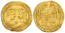 Fernando e Isabel (1474-1504). Doble excelente. Burgos. (Cal-694). (Tauler-127 similar). Anv.: + FERNANDVS: ET: hELISABET (hoja de perejil) D: G: REX:...