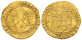 Fernando e Isabel (1474-1504). Doble excelente. Sevilla. (Cal-726). (Tauler-170). Anv.: + FERNANDVS: ET· ELISABET DEI GRATIA. Rev.: SVB: VMBRA A·LARVM...