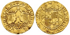 Fernando e Isabel (1474-1504). Doble excelente. Sevilla. (Cal-736). (Tauler). Anv.: : +: FERNANDVS: ET: hELISAB. Rev.: ·SVB: V·NBRA: ALARVM: T. Au. 7,...