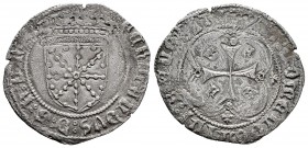 Fernando II (1479-1516). 1 real. Pamplona. (Cal-69 var). Ag. 2,74 g. F en 2º y 3º cuartel. Oxidaciones. MBC-/BC+. Est...75,00. 

ENGLISH DESCRIPTION...