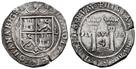 Juana y Carlos (1504-1555). 4 reales. México. (Cal-135). Anv.: CAROLV(S :) ET : IOHANA REGS. Rev.: + HISPANI(AR)VM : ET : INDIARVM ·. Ag. 13,61 g. Esc...