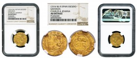 Juana y Carlos (1504-1555). 1 escudo. Granada. (Cal-42 variante). (Tauler-9a variante). Au. 3,28 g. Escudo entre G y R (abierta). Agujero tapado. Rara...
