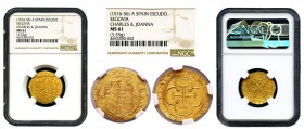 Juana y Carlos (1504-1555). 1 escudo. Segovia. A. (Cal-190). (Tauler-13). Au. 3,35 g. Escudo entre acueducto y A. Precioso ejemplar. Muy rara. Encapsu...