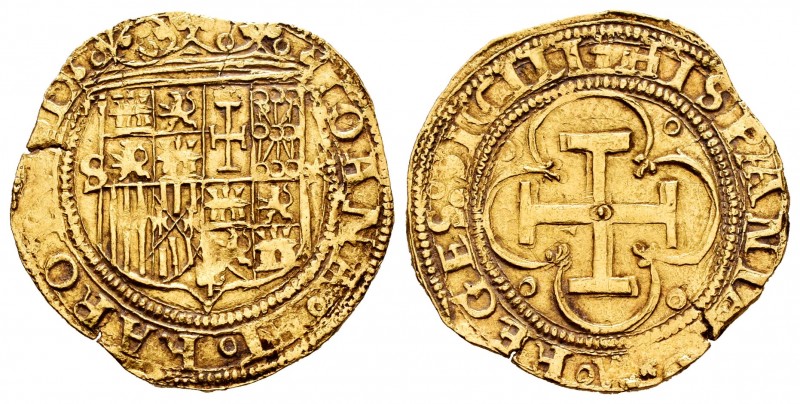 Juana y Carlos (1504-1555). 1 escudo. Sevilla. (Cal-196). (Tauler-24b var). Anv....