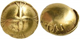 CELTIC, Northwest Gaul. Senones. Circa 100-60 BC. Stater (Gold, 12 mm, 7.06 g), Gallo-Belgic Bullet Type. Cross with trifurcated ends at the center of...