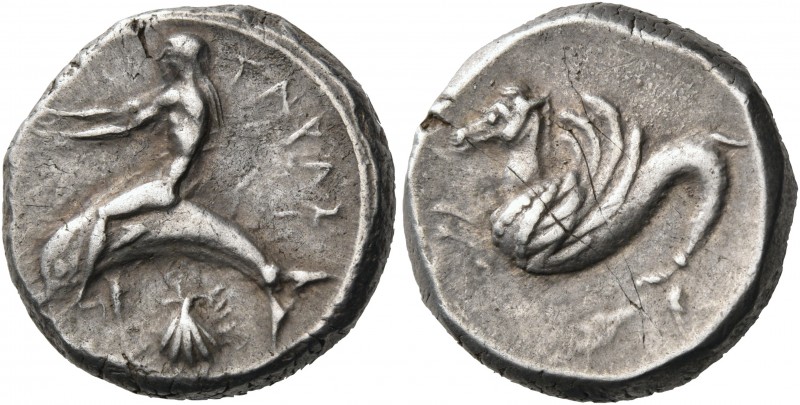 CALABRIA. Tarentum. Circa 465-455 BC. Nomos (Silver, 19 mm, 8.16 g, 12 h). ΤΑΡΑΣ...