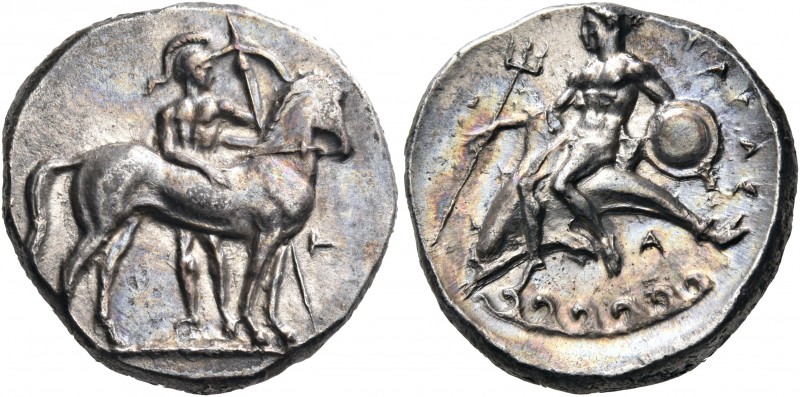 CALABRIA. Tarentum. Circa 344-340 BC. Nomos (Silver, 21 mm, 7.82 g, 3 h). Warrio...