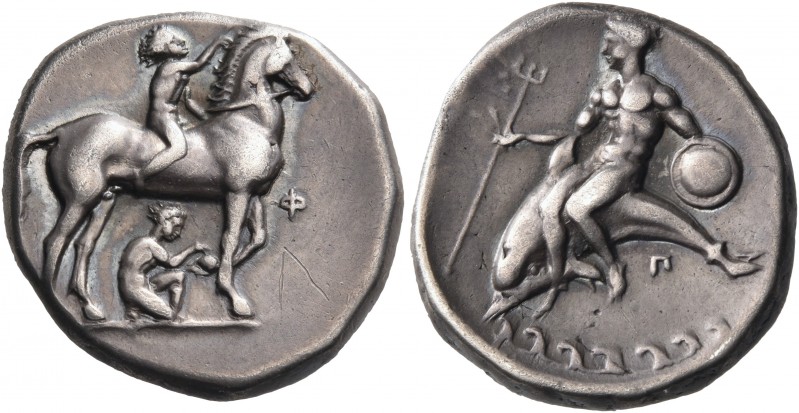 CALABRIA. Tarentum. Circa 340-335 BC. Nomos (Silver, 20 mm, 7.76 g, 3 h). Nude j...