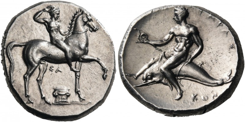 CALABRIA. Tarentum. Circa 302 BC. Didrachm or nomos (Silver, 21 mm, 7.91 g, 3 h)...