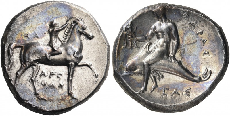 CALABRIA. Tarentum. Circa 302-280 BC. Nomos (Silver, 21.5 mm, 7.86 g, 3 h), stru...