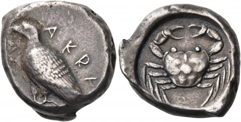 SICILY. Akragas. Circa 495-485 BC. Didrachm (Silver, 21 mm, 9.07 g, 9 h). ΑΚRΑ E...