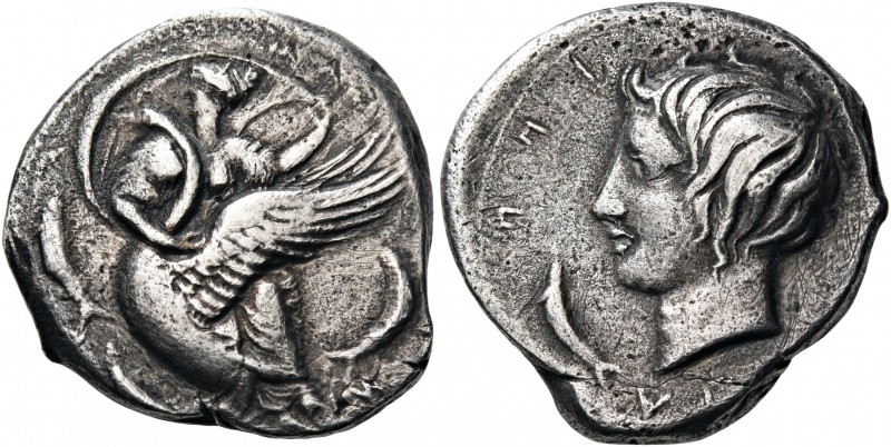 SICILY. Kamarina. Circa 405 BC. Didrachm (Silver, 21 mm, 7.89 g, 1 h). KAM – A –...