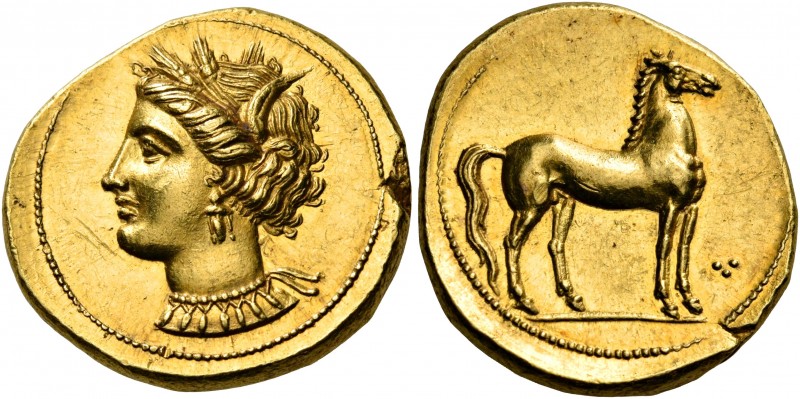 CARTHAGE. Circa 350-320 BC. Stater (Gold, 20 mm, 9.19 g, 4 h). Head of Tanit to ...