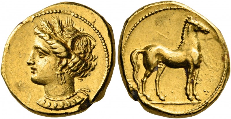 CARTHAGE. Circa 350-320 BC. Stater (Gold, 17.5 mm, 9.29 g, 12 h). Head of Tanit ...