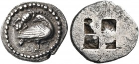 MACEDON. Eion. Circa 460-400 BC. Trihemiobol (Silver, 12 mm, 0.96 g). Goose standing to right, head turned back to left; above, lizard to left. Rev. Q...